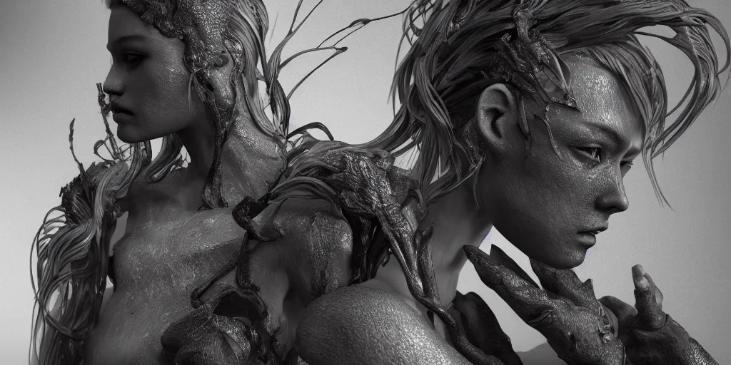 Image similar to hyperrealistic photography of a stunningly beautiful cyborg, intimate, holding close, in the style of beth cavener, jin kagetsu,, and wlop, highly detailed, intricate filigree,, masterpiece, award winning, sharp focus, concept art, ringflash lighting, ambient lighting, octane render, 8 k, artstation