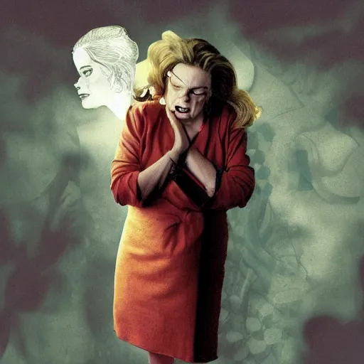 Image similar to Margot Robbie is the fat grandma haunting my dreams, by Dave McKean