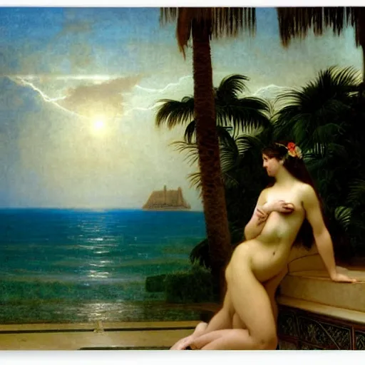 Image similar to Silhouette of two girls at the palace, thunderstorm, greek pool, beach and palm trees on the background major arcana sky, by paul delaroche, alphonse mucha and arnold böcklin arnold böcklin hyperrealistic 8k, very detailed