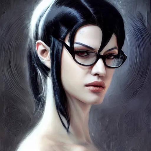 Image similar to a portrait a young asia argento as bayonetta, urban motifs, intricate, elegant, highly detailed, digital painting, trending on artstation, concept art, smooth sharp focus, illustration, art by artgerm and greg rutkowski