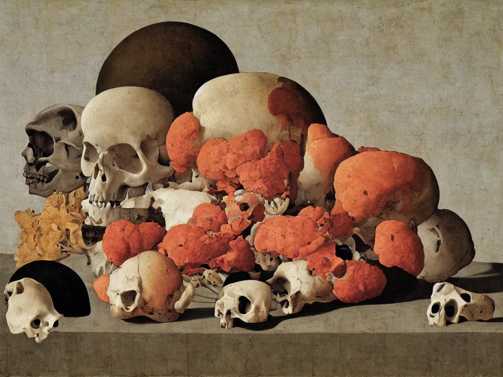 Image similar to Still life with skull corals, skull conch shell, white cloth, lily, skull water cup. Painting by Piero della Francesca, Zurbaran, Morandi