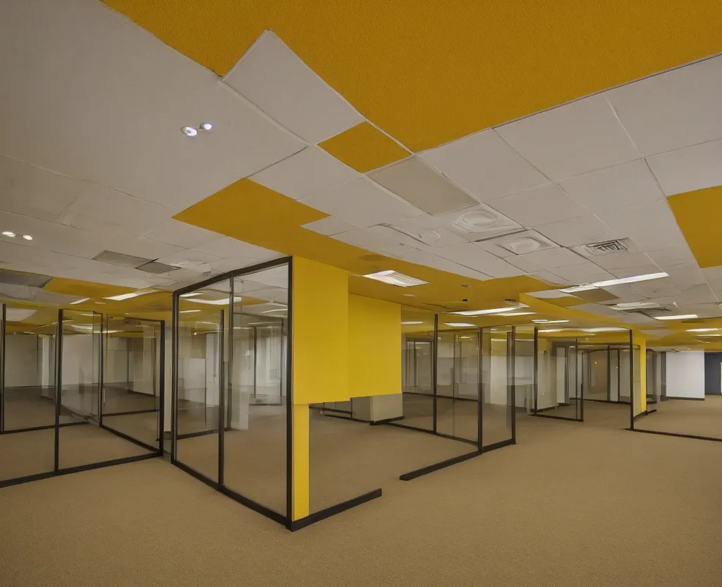 Prompt: empty 9 0 s office building with no windows doors or furniture the building has brown carpet and yellow wallpaper