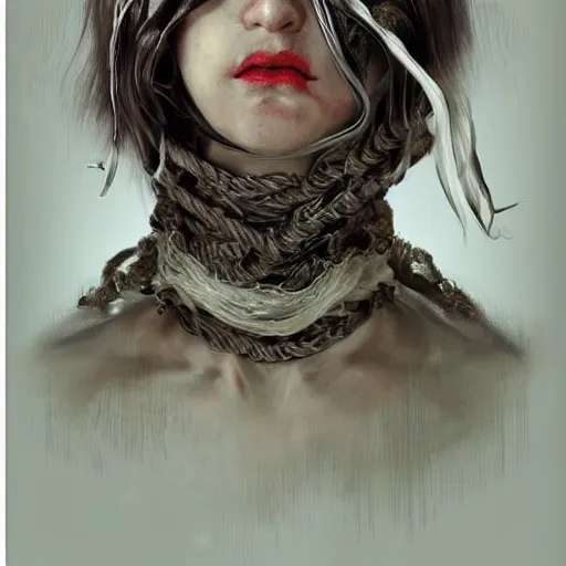 Image similar to portrait of a Shibari rope wrapped face and neck, headshot, insanely nice professional hair style, dramatic hair color, digital painting, of a old 15th century, young cyborg Rubber Nun, amber jewels, baroque, ornate clothing, scifi, realistic, hyperdetailed, chiaroscuro, concept art, art by Franz Hals and Jon Foster and Ayami Kojima and Amano and Karol Bak,