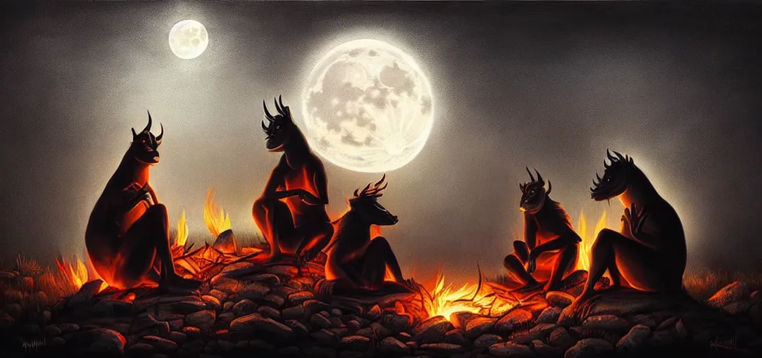 Image similar to strange mythical beasts of sitting around a fire under a full moon, surreal dark uncanny painting by ronny khalil