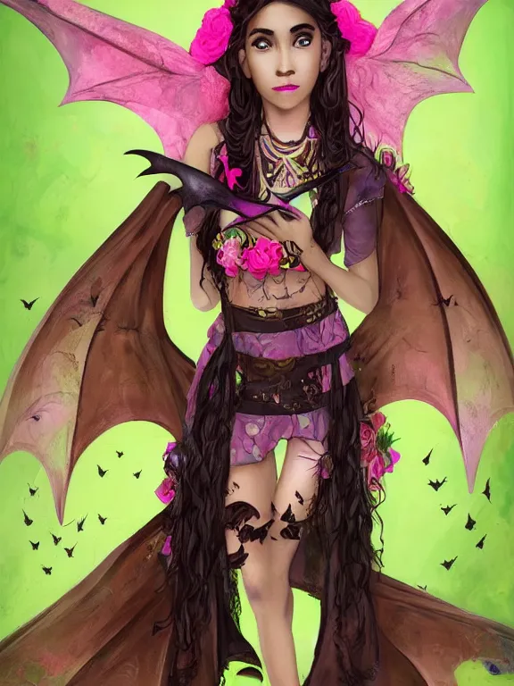 Image similar to Full shot of a cute mischievous young witch about to get up to some trouble with her playful bat familiar. Latin American fashion. Floral patterns. Swarm of Bats. Bat Wings. Black and Pink and Lime Green palette. Magic. Latina girl. brown skin. defined facial features, symmetrical facial features. Smiling. By Ruan Jia and Artgerm and Range Murata and WLOP and Ross Tran and William-Adolphe Bouguereau. Key Art. Fantasy Illustration. award winning, Artstation, intricate details, realistic, Hyperdetailed, 8k resolution.