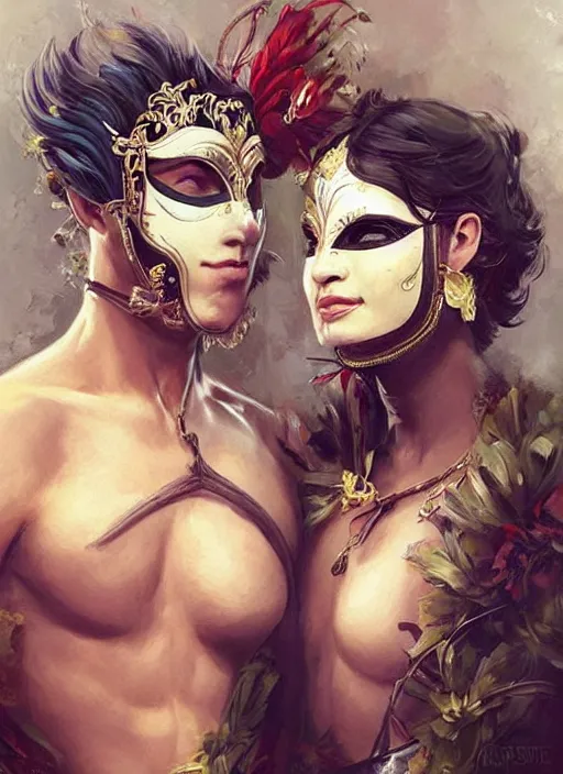 Image similar to a beautiful couple, a man and a woman, wearing elaborate masquerade masks and matching clothing, looking at each other with an alluring expression. painting by artgerm and greg rutkowski and magali villanueve