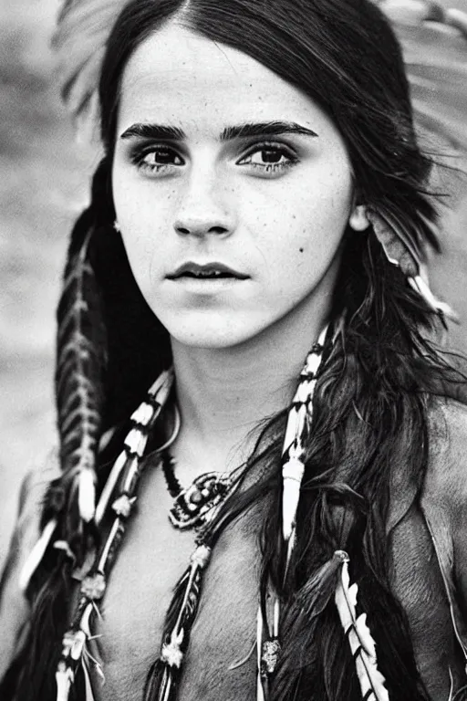 Image similar to “Photo of Native American indian woman Emma Watson, portrait, skilled warrior of the Apache, ancient, realistic, detailed, emma watson”