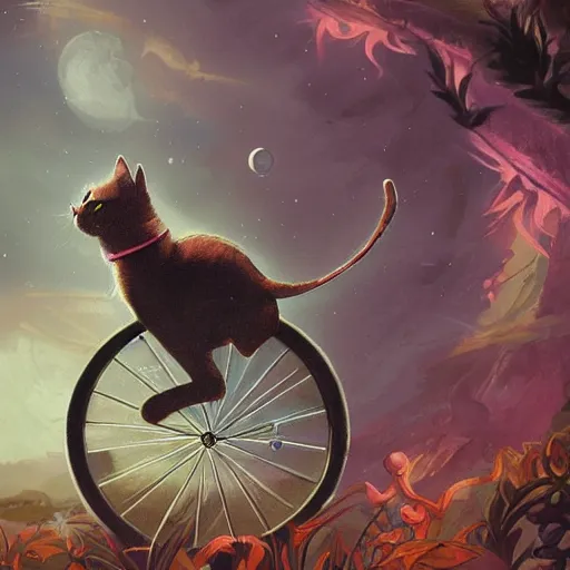 Image similar to fantasy book cover artwork of a cat riding a bicycle, ultradetailed, wallpaper, 4k, prismatic