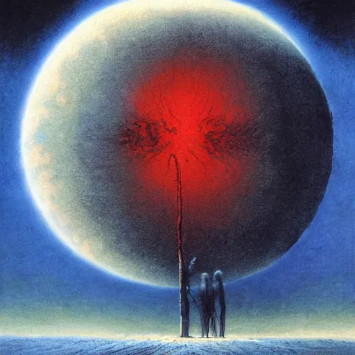 Prompt: surreal, nuclear blast moon eclipse, sci - fi, wet brush, poster art, concept art by beksinski and jean delville, illustrated in the style of iain mccaig
