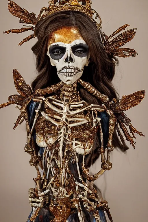 Prompt: a cinematic view of a ornated intricate princess skelleton statue made by hedi xandt, realistic, macabre art, stained wrapped skin, using gold ornaments of insect parts detailed image