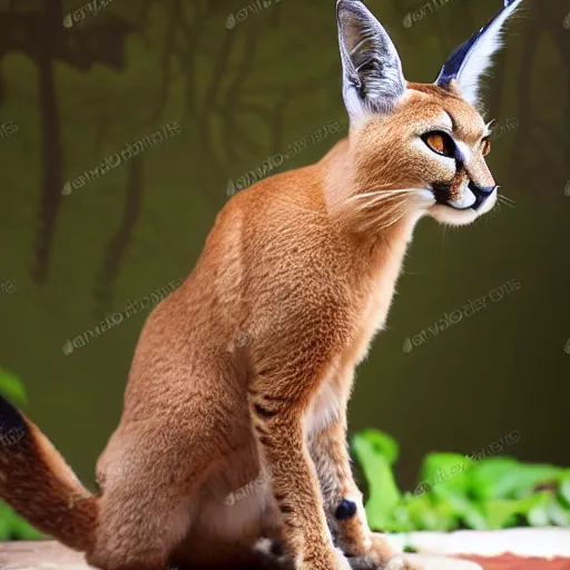 Image similar to full body photo of cute caracal. he is wearing laurel wreath on his ears, studio light