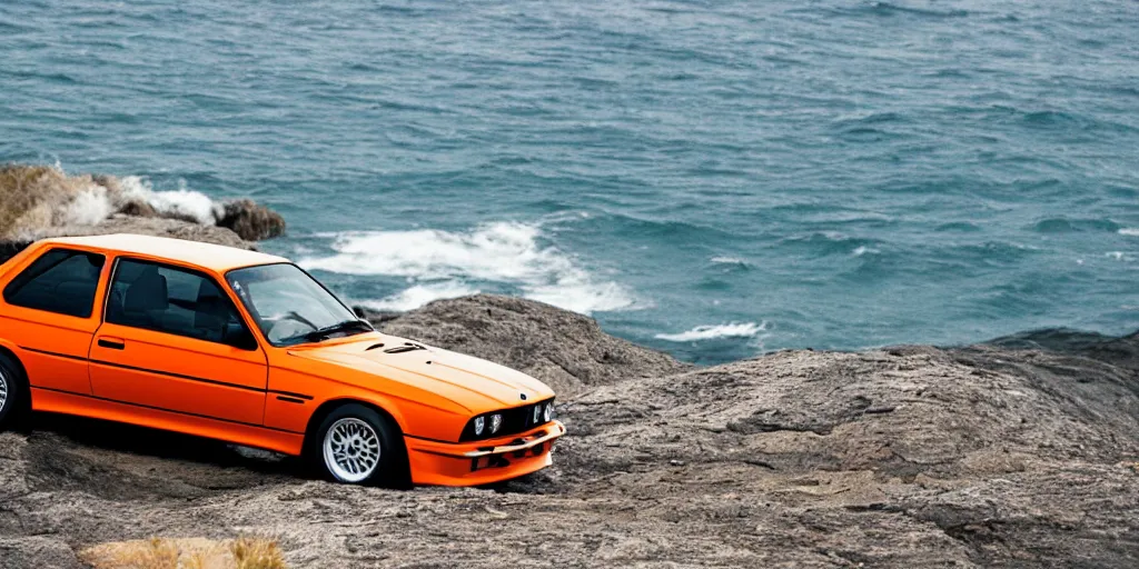 Image similar to orange bmw e30 m3 driving off a cliff into the ocean