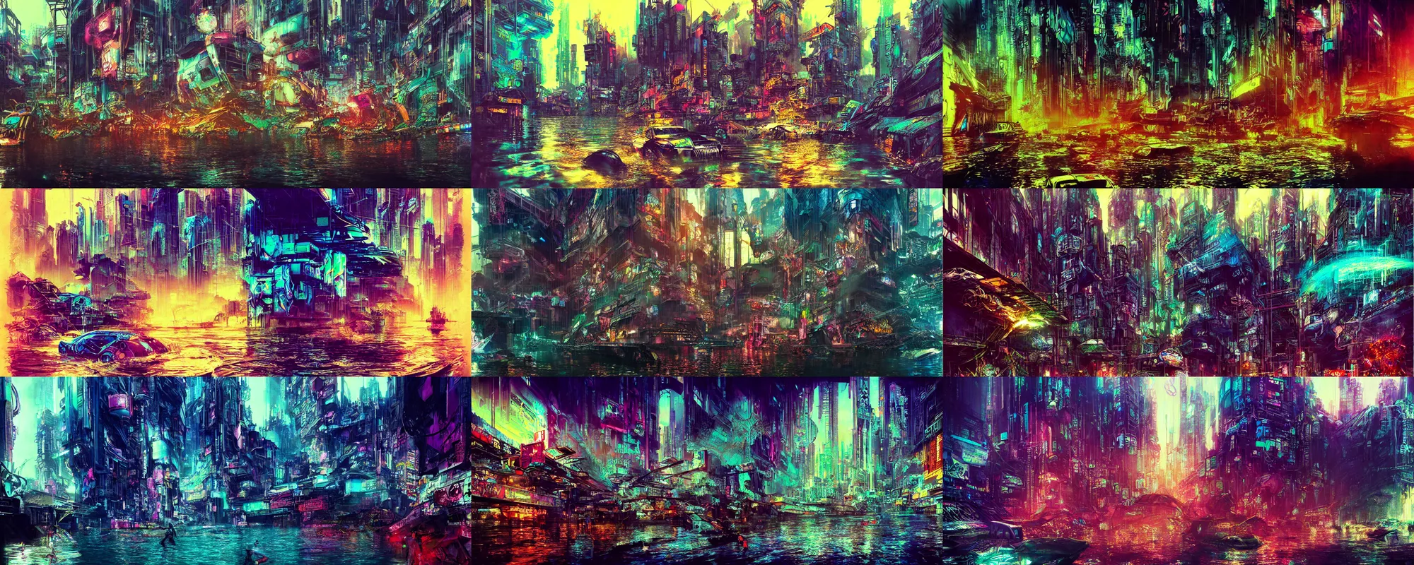 Prompt: dichroic ultra realistic illustration of beautiful ruination futuristic cyberpunk flooded kowloon, epic composition, accidental baroque golden ratio, by bill sienkiewicz. graffiti art, scifi, fantasy, hyper detailed. concept sketch. concept art. trending on artstation
