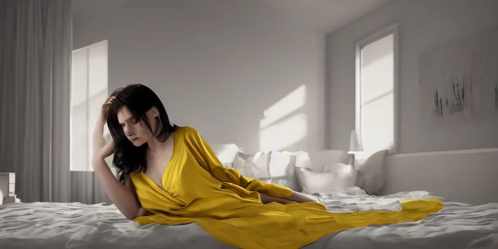 Image similar to A girl with dark hair in a yellow nightgown sits on a bed in a room with light gray walls, side view, sunset light, edward hopper style. cinematic, hyper realism, high detail, octane render, 8k, iridescent accents