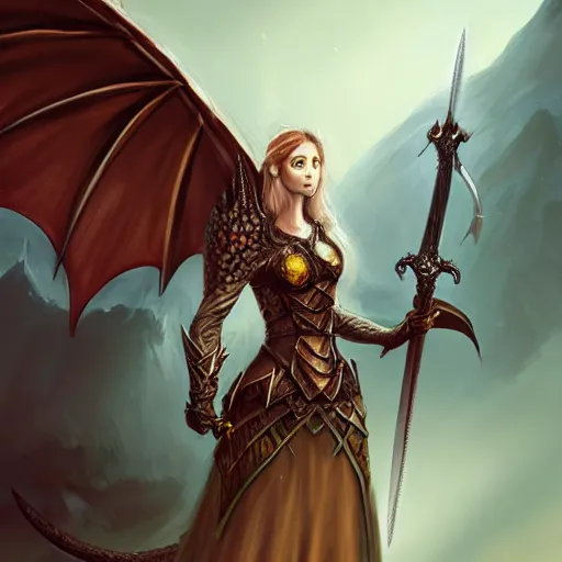 Image similar to a woman holding a sword with a dragon on it, concept art by Ami Thompson, contest winner, fantasy art, official art, concept art, high detail, experimental, high quality, 4k