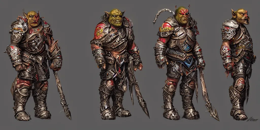 Image similar to different views of orcs in armour, colourful intricate! concept art by senior character artist, trending on artstation, artstation hd, full body character render