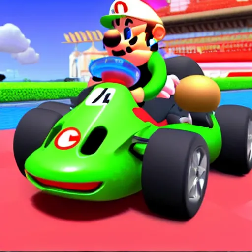 Prompt: capybara driving porsche in mario kart