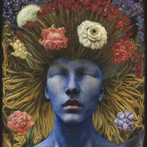 Prompt: facemask made of flowers, by annie swynnerton and jean delville and edward hopper and diego rivera and evelyn de morgan and rufino tamayo, dark flower shaman, art brut, outsider art, symbolist, dramatic lighting, god rays, elaborate geometric ornament, clean crisp graphics, smooth sharp focus, extremely detailed, adolf wolfli