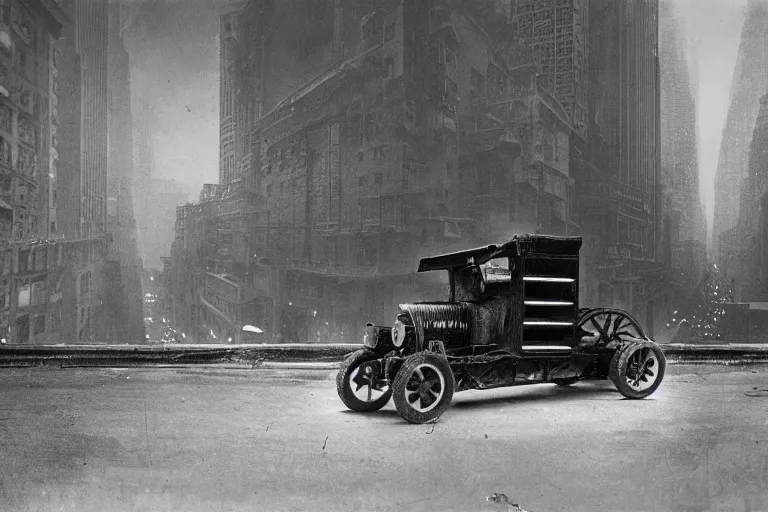 Image similar to cyberpunk new 1 9 0 8 model ford t by paul lehr, metropolis, view over city, vintage film photo, scratched photo, scanned in, old photobook, silent movie, black and white photo