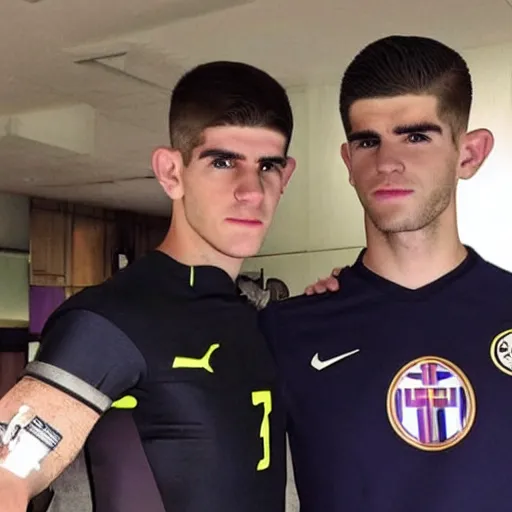 Image similar to “a realistic detailed photo of a guy who is an attractive humanoid who is half robot and half humanoid, who is a male android, Christian Pulisic, shiny skin, posing like a statue, blank stare, press conference, on display”