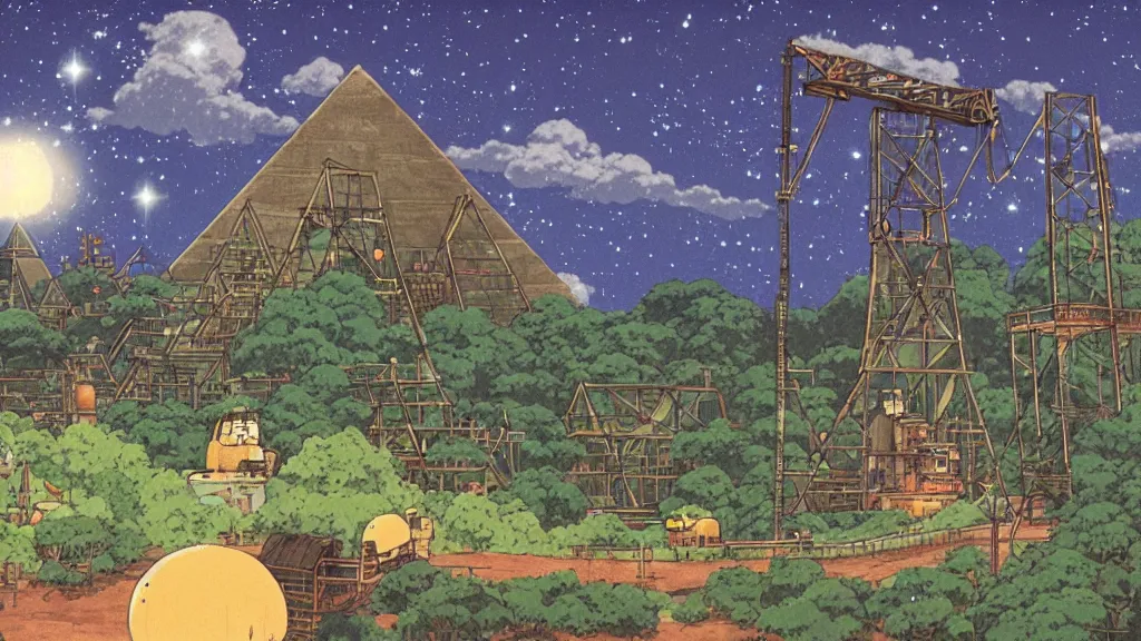 Image similar to a movie still from a studio ghibli film showing a huge industrial mining facility. a pyramid is under construction in the background, in the rainforest on a misty and starry night. a ufo is in the sky. by studio ghibli