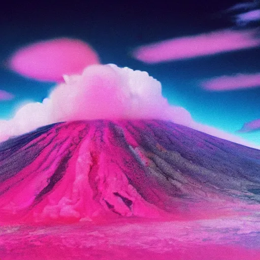 Prompt: pink volcanic eruption magenta sky cyan ground high contrast lava spray vaporwave 1 9 9 6 windows xp