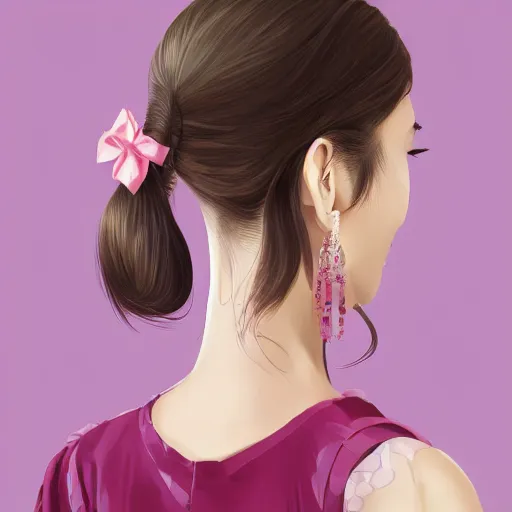 Image similar to portrait of asian girl, round face, brown hair, ponytails, half updo hairstyle, skinny, smile, attractive, small chin, wearing pink hair bow, polkadot blouse and skirt, earrings, intricate, elegant, glowing lights, highly detailed, digital painting, artstation, sharp focus, illustration, art by wlop, mars ravelo and greg rutkowski