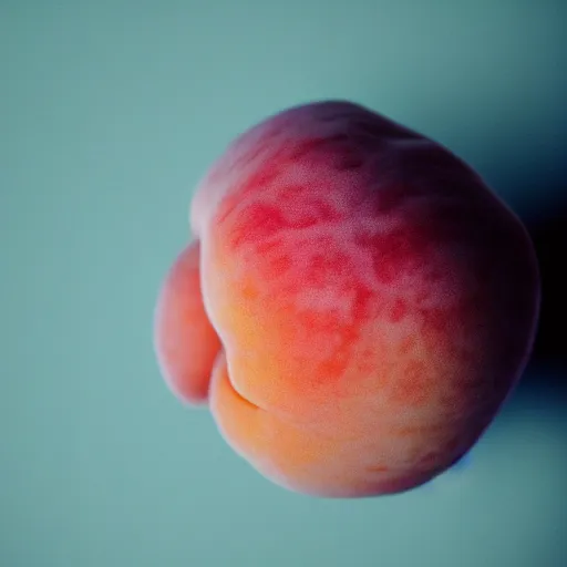 Image similar to a macro photo of a round peach's dry hairy skin, hyper realistic, hyper detailed, 35mm, very grainy film, pink volumetric studio lighting, bokeh, black background award winning shot, vogue magazine, cinematic, 8k, very closeup, elegant, tender, pastel