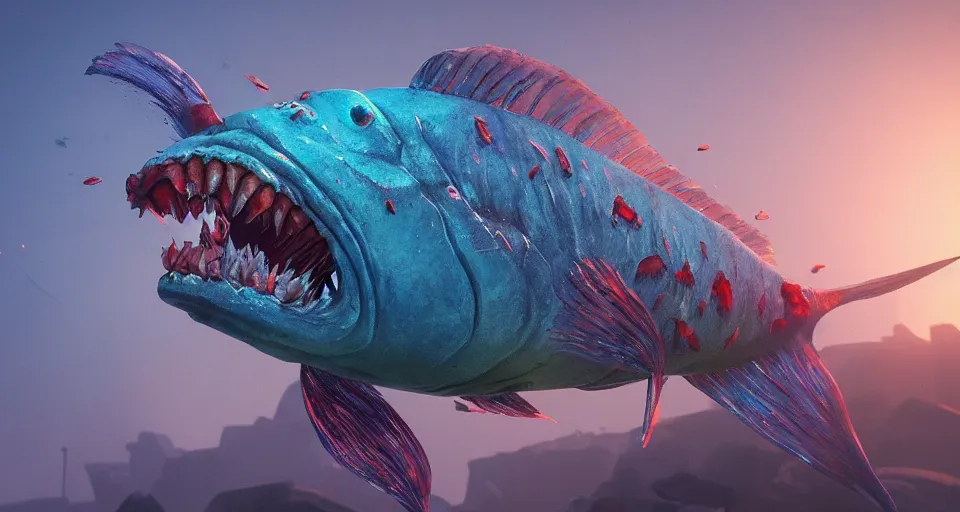 Image similar to a beautiful painting of a zombie fish, octane render, brilliantly coloured, intricate, ultra wide angle, trending on artstation, dusk, volumetric lighting, polished, micro details, ray tracing, 8k