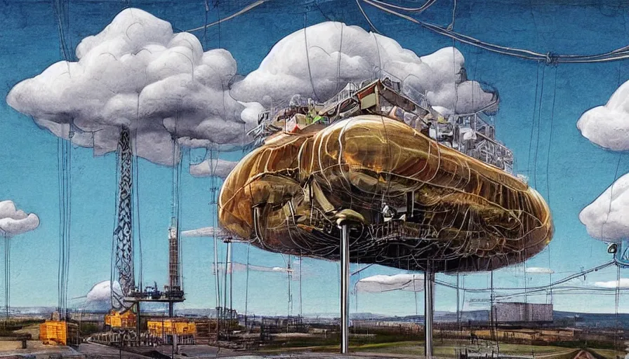 Image similar to an inflated stainless steel chrome gondola in the clouds, people are hanging by steel cables. Intricate technical drawing. Mammatus clouds. Oil rig, solarpunk