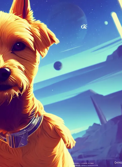 Prompt: retrofuturistic portrait of a blond terrier, space graphics art in background, close up, wlop, dan mumford, artgerm, liam brazier, peter mohrbacher, 8 k, raw, featured in artstation, octane render, cinematic, elegant, intricate, 8 k