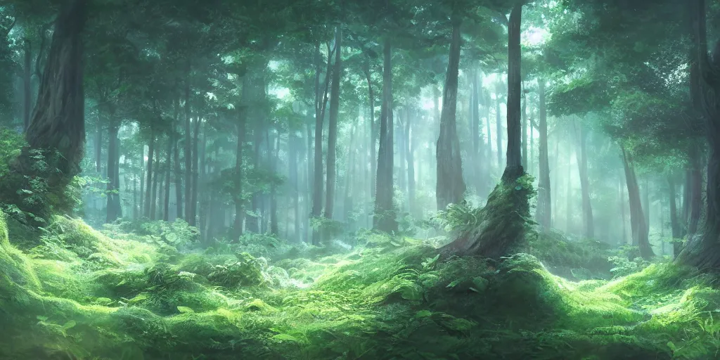 Image similar to a forest, cinematic angle, studio Ghibli, volumetric lighting, beautiful composition, intricate, elegant, digital art, detailed, oil painting, hyperrealistic, sharp focus, 8k