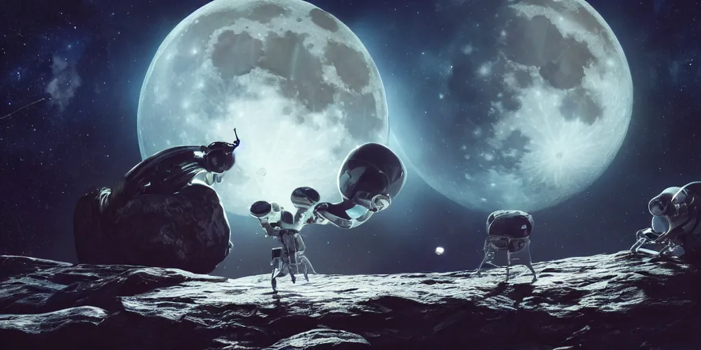 Image similar to moon space enviroment with a alien cutes creatures , unreal 5, hyperrealistic, realistic, photorealistic, dynamic lighting, highly detailed, cinematic landscape, studio landscape, studio lighting