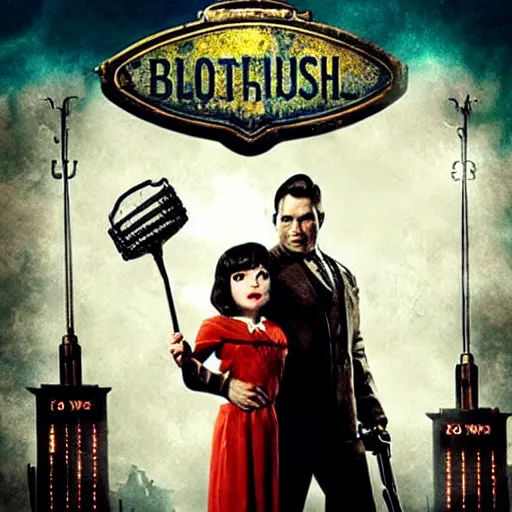 Prompt: movie poster for a live action bioshock movie featuring a big daddy and little sister with the underwater city of rapture in the background