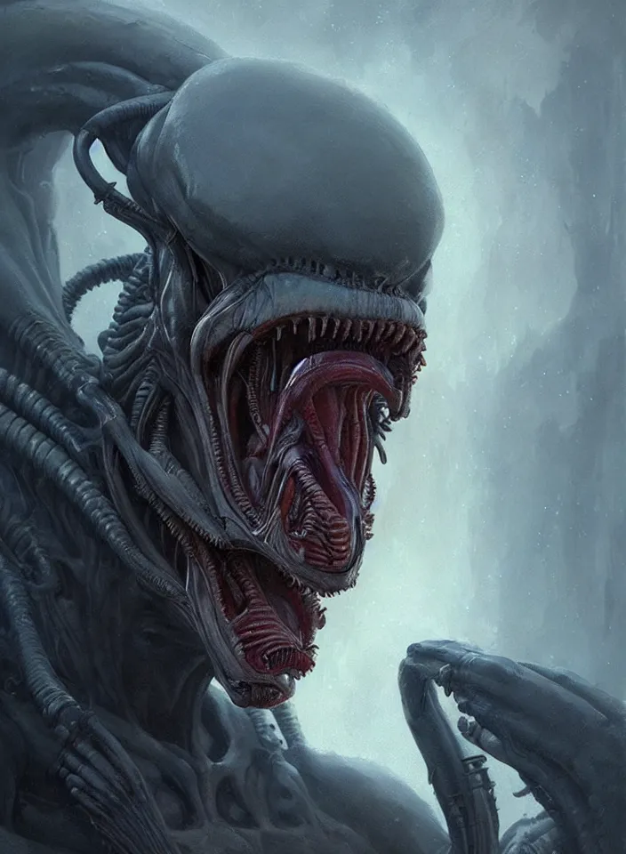 Image similar to a face portrait of a creature invoking fear, art by greg rutkowski, alien xenomorph, scifi horror setting, dark lighting, matte painting, trending on artstation, very detailed