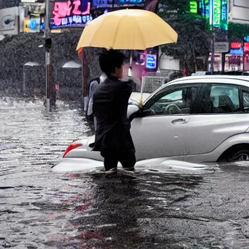 Image similar to seoul city is flooded by heavy rain. A guy with suit is sitting on the top of the A car is middle of the street flooded. Shinkai Makoto Ghibli anime style