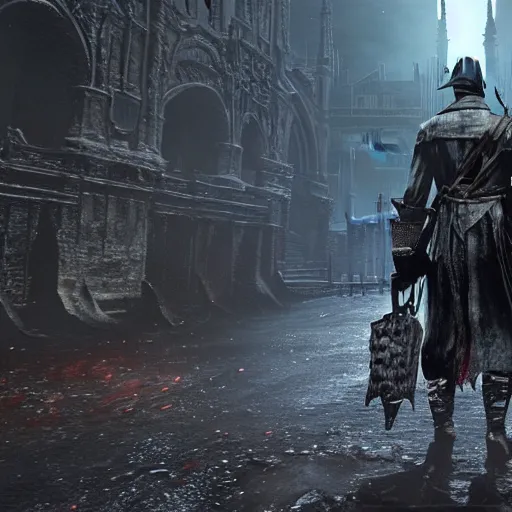 Image similar to Gameplay screenshot of Keanu Reeves as a boss in Bloodborne, film still, photorealistic