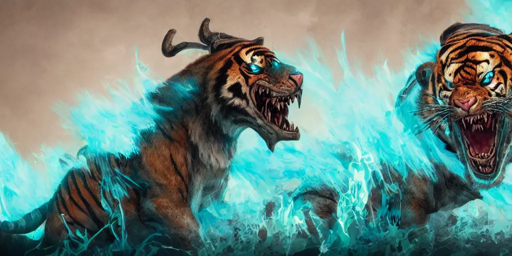 Image similar to Ghostly tiger creature made out of turquoise energy character design sheet, Monster Hunter Illustrations art book, Bright sparks, claws, huge sabertooth fangs, Moebius, Greg Rutkowski, Zabrocki, Karlkka, Jayison Devadas, Phuoc Quan, trending on Artstation, 8K, ultra wide angle, zenith view, pincushion lens effect.