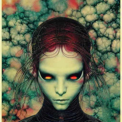 Image similar to simple concept art portrait of, ‘ the alien ’. an award winning yoshitaka amano digital art poster, by james gurney and gerhard richter. art by takato yamamoto. masterpiece, rich colours.