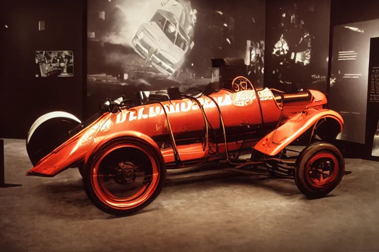 Image similar to cyberpunk 1 9 0 3 stanley steamer racecar, volumetric lighting, in a museum, museum exhibit, museum lighting, 9 0 s film photo