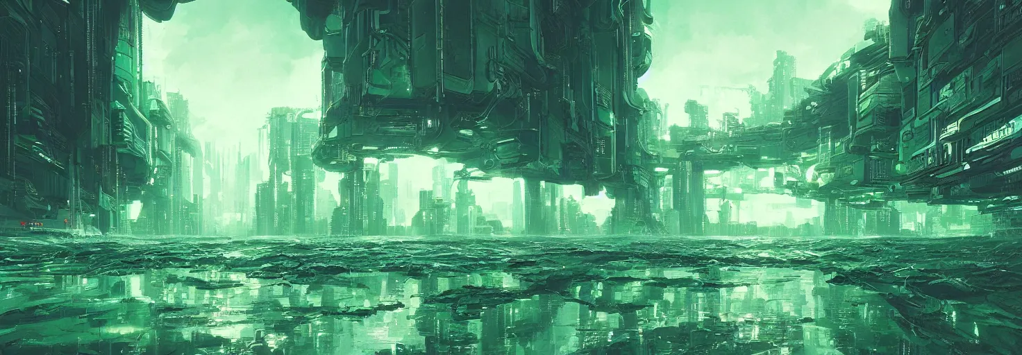 Image similar to reflective waves, cyberpunk texture, green coloring, by studio ghibli and greg rutkowski