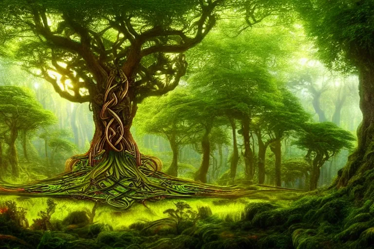 Image similar to a beautiful and highly detailed digital painting of a celtic elven tree in a lush forest, psychedelic patterns, celtic, intricate details, epic scale, 8 k, sharp focus, photorealism, artstation, cgsociety, by caspar friedrich, albert bierstadt, james gurney, brian froud,