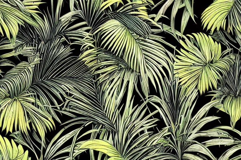 Image similar to photorealistic print of exotic, elegant tropical prints, isolated in a black background : : green surreal plants, golden flowers, art nouveau, desaturate, trending on artstation