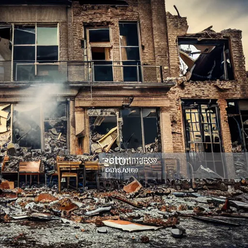 Image similar to A cup of coffee in a destroyed cafe reflecting the destroyed surroundings after a nuclear breakout, intense aura, 8k photography, intricate, smooth, sharp focus, close shot, perfect reflections