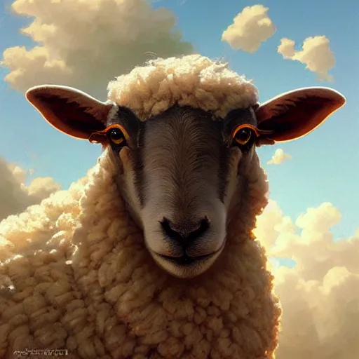 Image similar to sheep, realistic portrait, highly detailed, digital painting, artstation, concept art, smooth, sharp focus, illustration, cinematic lighting, art by artgerm and greg rutkowski and alphonse mucha and boris vallejo and frank frazetta