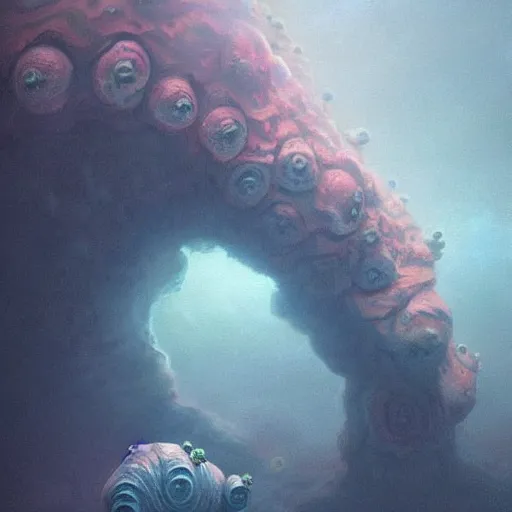 Image similar to fractal tardigrade!!! terror and horror painting tardigrade!!! descending onto an apocalyptic earth, by greg rutkowski and studio ghibli, inspired by zdzisław beksinski, cinematic, atmospheric, dramatic colors, dawn.