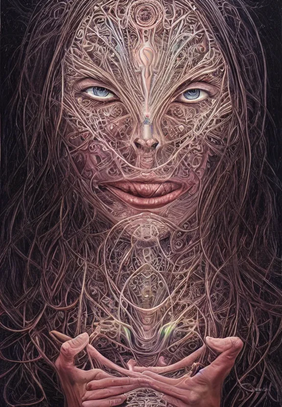 Image similar to perfectly centered portrait front view of a beautiful biomechanical moon goddess, flowing hair, intense stare, sweet smile, symmetrical, concept art, intricate detail, volumetric shadows and lighting, realistic oil painting by alex grey,