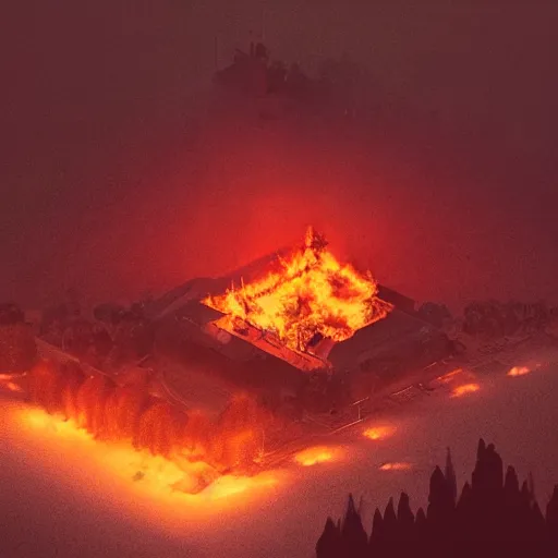 Image similar to a royal grand medieval castle on fire, on top of a hill, birds eye view from a distance, intense smoke, burning down, intense flames, center focus, landscape by simon stalenhag, rendered by beeple, by makoto shinkai, digital art