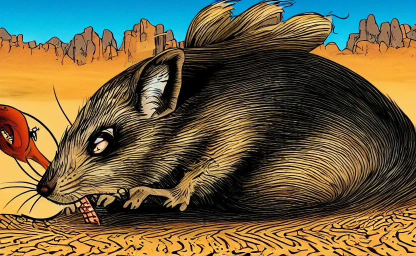 Image similar to incredible eye catching comic panel showing a desert mouse riding a sandworm of the deep desert, close up shot of the mouse's face struggling to steer the beast