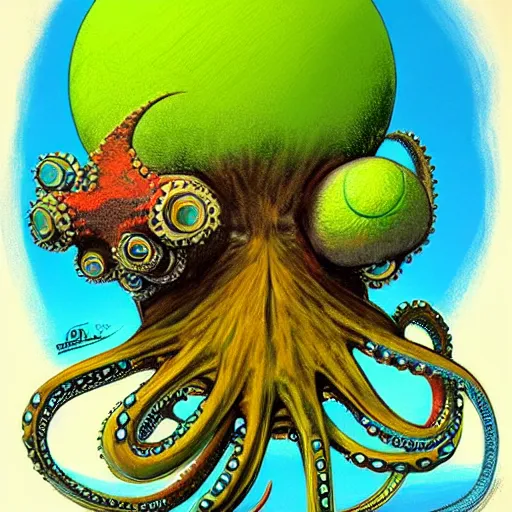 Image similar to a tennis ball monsters, octopus, colorful, digital art, fantasy, magic, trending on artstation, ultra detailed, professional illustration by basil gogos